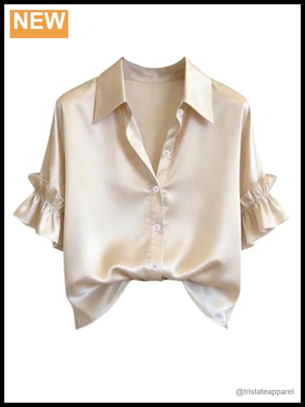 Satin Ruffle Blouse Short Sleeve Button Down Collared Business Top Soft Apricot